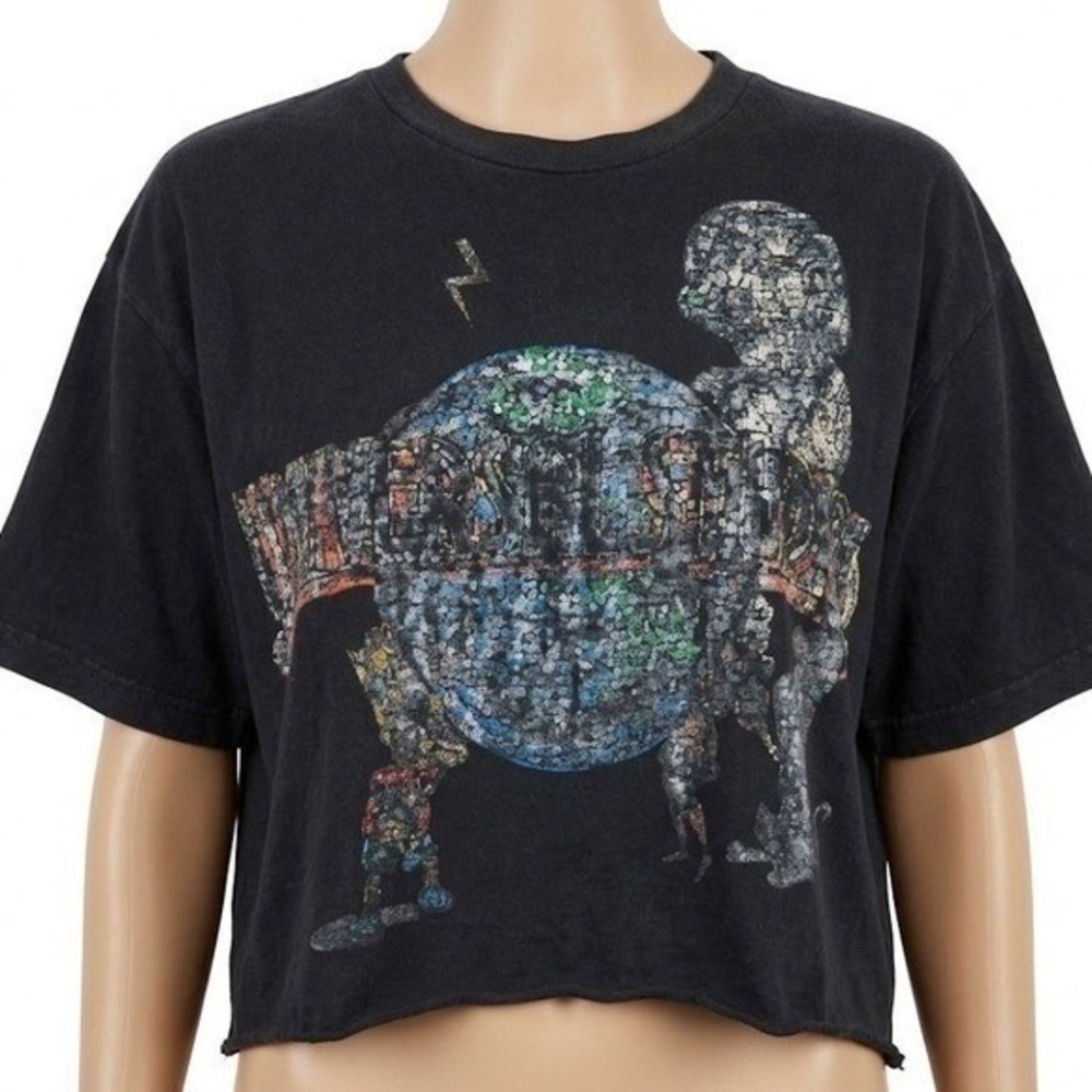 Vtg 90s Universal Studios Globe T Shirt Women XL Black Cropped Raw Hem Faded